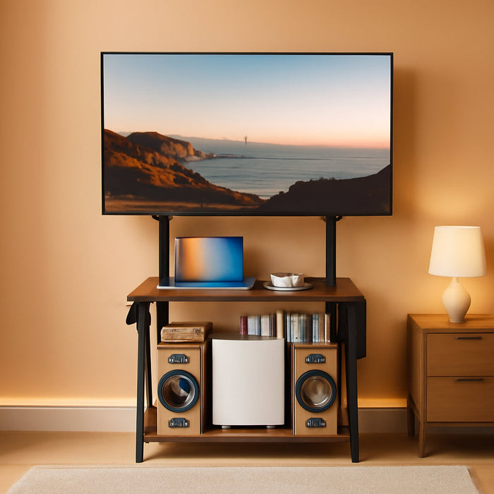 Mobile TV Stand with Charging Station, Adjustable Mount and Wheels, Rolling TV Console Table, Entertainment Center, for up to 75 Inch Tvs, 3-Tier Storage Shelf, Rustic Brown and Black TDS03UBF