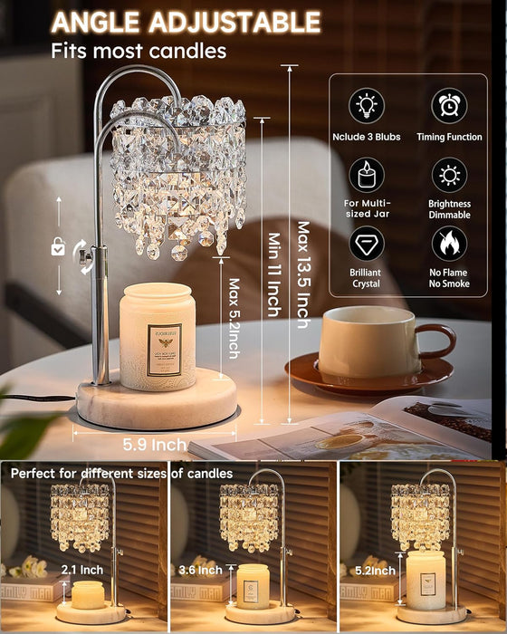 Candle Warmer Lamp with Timer Dimmer Adjustable Height Candle Warmer with Marble Base for Jar Candles, Crystal Candle Lamp with 3 Bulbs for New Home Decor, Women Mom Christmas Birthday Gifts, Silver