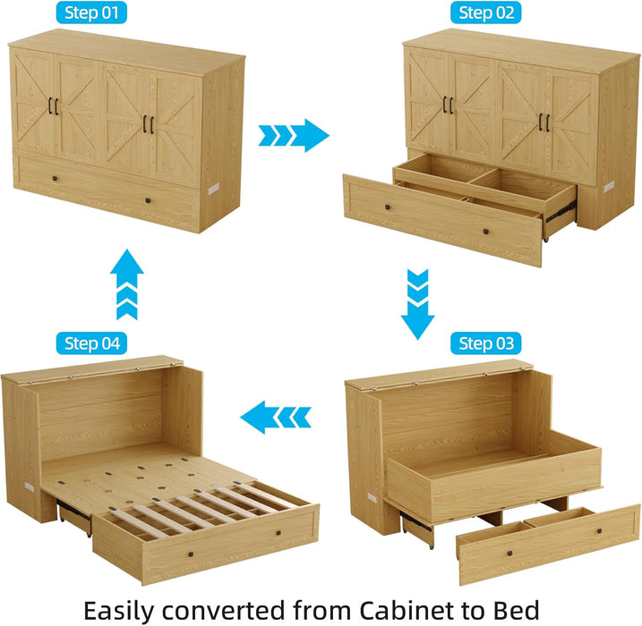 Murphy Bed Queen with Storage & Charging Station, Murphy Cabinet with Foldable Panel, Noisy Free, for Guest Bedroom, Living Room, Office, Distressed,Natural