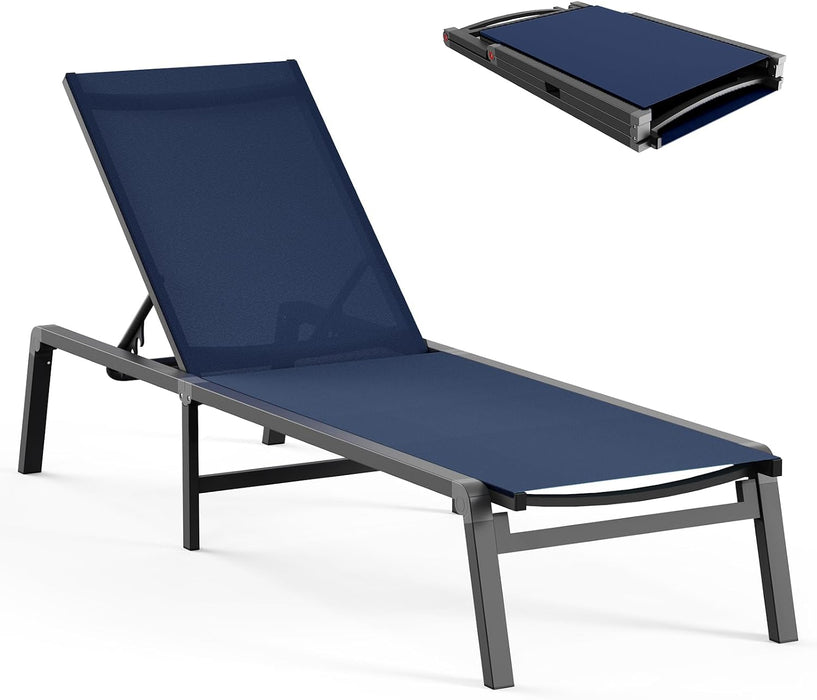 Aluminum Chaise Lounge Ourdoor - Foldable & Assemble Free Outdoor Lounge Chair with 5 Adjustable Backrest, Patio Lounge Chair for outside Poolside Beach Pool, Navy Blue