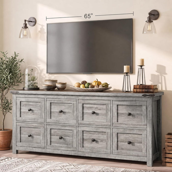 59" Wide Dresser for Bedroom with 8 Drawers, Farmhouse Wood Grey