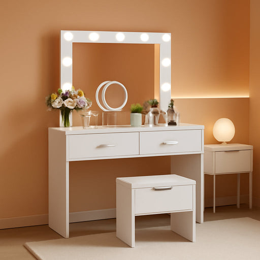 White Vanity Desk With Oversized Illuminated Mirror