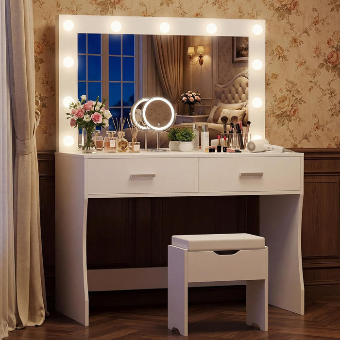 White Vanity Desk With Oversized Illuminated Mirror