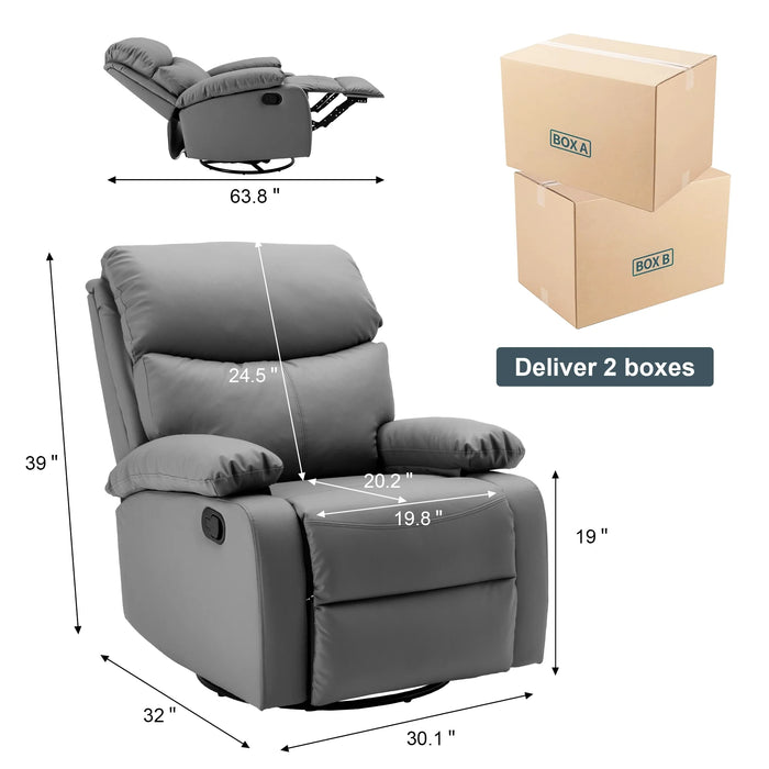 Manual Swivel Rocker Recliner, Genuine Leather Rocking Recliner Chair with Soft Arms and Back, Single Sofa Recliners, Small Reclining Chairs for Living Room, Nursery - Dark Grey