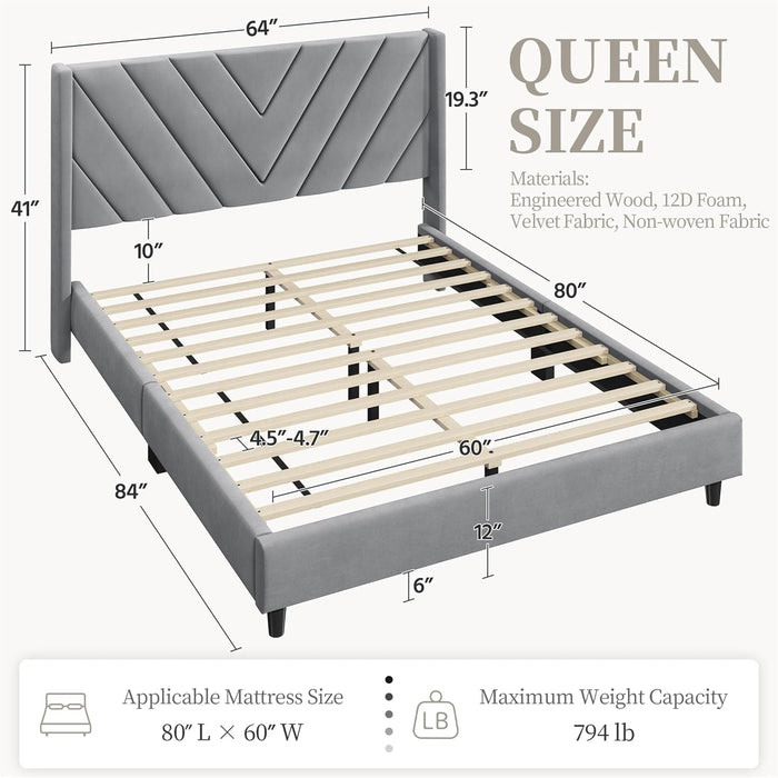 Queen Bed Frame with Chevron Channel-Tufted Headboard, Light Grey