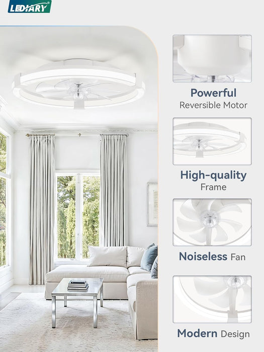 Ceiling Fans with Lights, 20 Inch Low Profile Ceiling Fan with Remote, 6 Speeds, Reversible, Dimmable Flush Mount Fan Light, Modern Fandelier Ceiling Fan with Lights for Bedroom, White