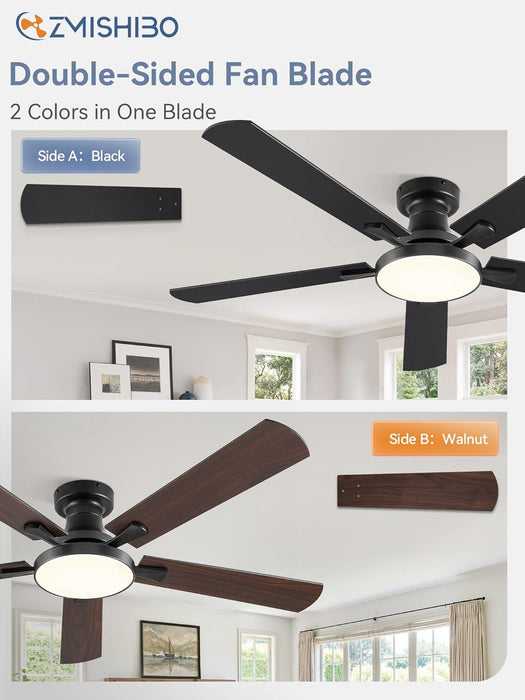 52 Inch Ceiling Fans with Lights, Flush Mount Low Profile Ceiling Fan with 6 Speeds & 3CCT, Smart Remote&App Control, Dimmable 24W LED Light, Quiet DC Motor for Living Room Bedroom,Black