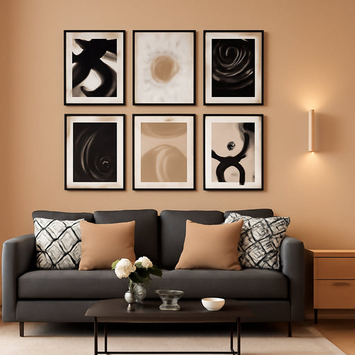Framed Boho Black and White Brown Modern Abstract Wall Art for Living Room, Set of 6 Bohemian Wall Hanging Artwork, Minimalist Sun Geometric Pictures for Bedroom Office Bathroom Wall Decor 11X14 Inch