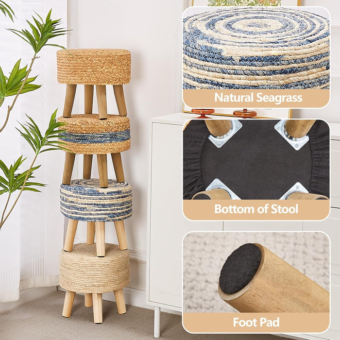round Ottoman Natural Seagrass Footstool Hand Weave Water Hyacinth Poufs Eco Friendly Sofa Foot Stool Soft Step Stool Padded Foot Rest with Pine Legs for Living Room (Mixed Blue)