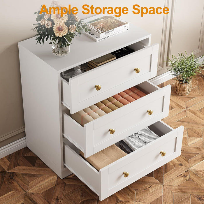 White 3 Drawer Dresser, Small Dresser for Bedroom, Wood Nightstand with Drawers, Modern Chest of Drawers for Closet, Living Room, Entryway