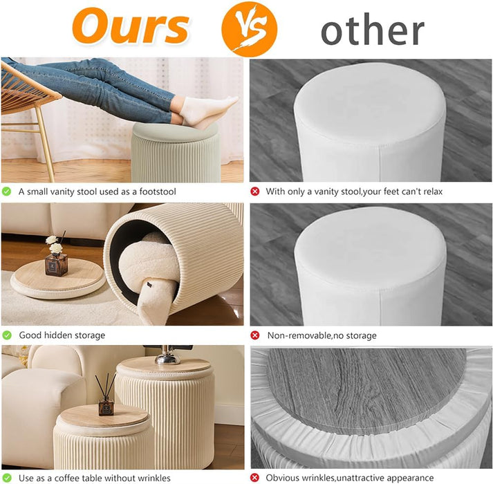 Round Set of 2 Ottoman with Storage-Upholstered Velvet Vanity Stool for Makeup Multifunctional Ottomans Coffee Table Padded Seat Foot Rest for Living Room&Bedroom（White）