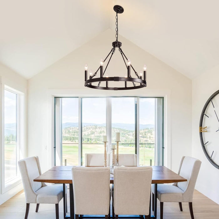 8 Light Wagon Wheel Chandelier, 23.6" Oil-Rubbed Bronze Dining Room Light Fixture with Adjustable Height, Industrial Hanging Lights for Living Room Bedroom Foyer Entryway,E12 Base