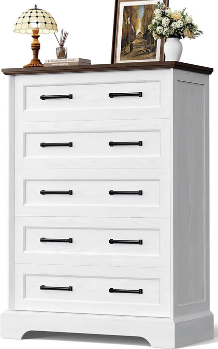Tall Dresser for Bedroom, Farmhouse 5 Drawers Dresser, White&Brown