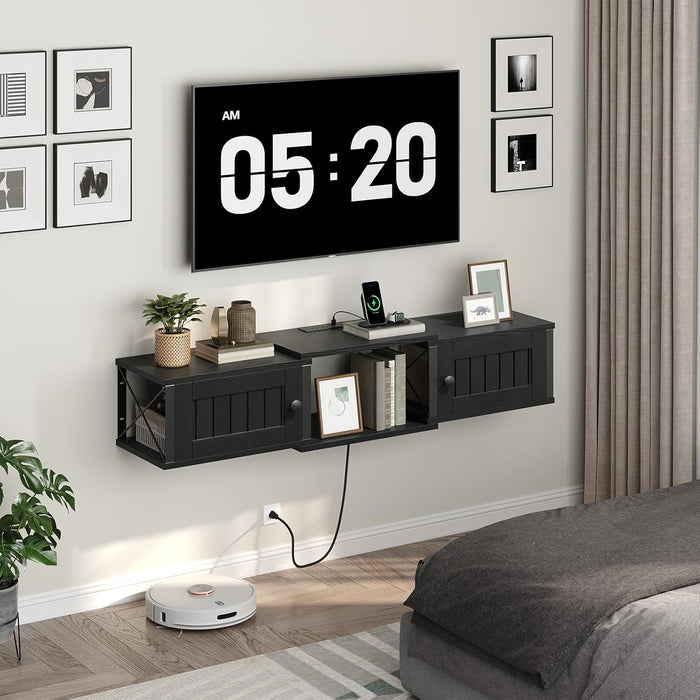 Farmhouse Floating TV Stand with Power Outlet, Wall Mounted Entertainment Center with Doors, Floating Media Console Cabinet with Storage, for Living Room, Bedroom, Black TVBK401E01