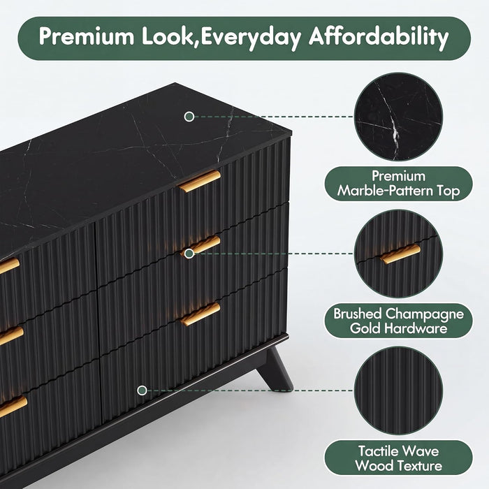 Fluted Dresser for Bedroom, 47.2" Wide Chest of 6 Drawers, Black