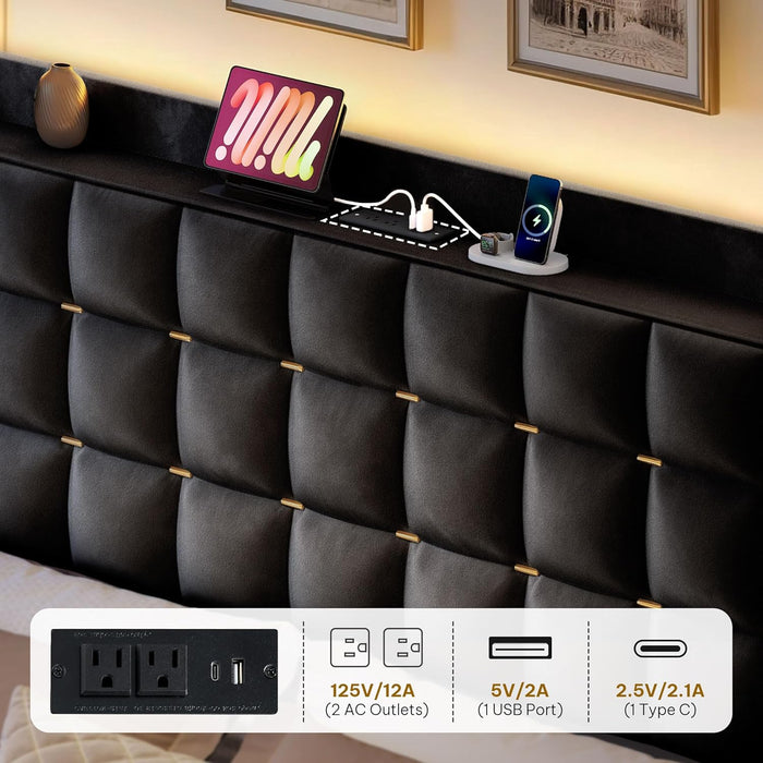 King Size Bed Frame with 3 Storage Drawers and RGB LED Lights, Velvet Upholstered Bed with Charging Station and Storage Headboard, No Box Spring Needed, Easy Assembly, Noise-Free, Black