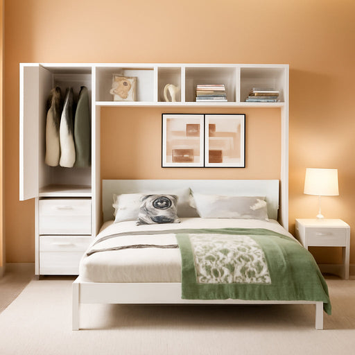 Queen Size Murphy Bed Wall Chest with Closet and Storage Drawers,Wood Hideaway Platform Bedframe Can Be Folded,Easy Assembly,For Kids Bedroom,Student Dorms,White