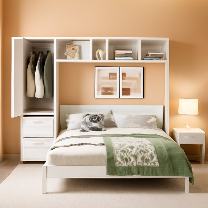 Queen Size Murphy Bed Wall Chest with Closet and Storage Drawers,Wood Hideaway Platform Bedframe Can Be Folded,Easy Assembly,For Kids Bedroom,Student Dorms,White
