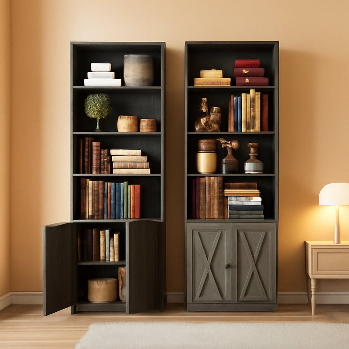 Industrial Bookshelves and Bookcases with Doors Set of 2 Floor Standing 6 Shelf Display Storage Shelves 70 in Tall Bookcase for Home Office, Living Room