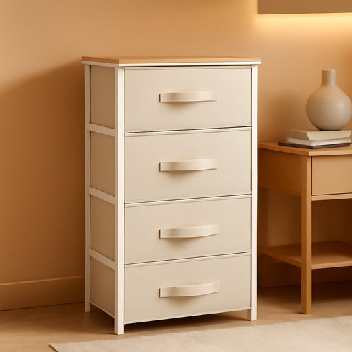 4-Drawer Fabric Dresser, Dresser for Bedroom, Living Room, Hallway, Closet, Sturdy Steel Frame, Wooden Top, Easy-To-Pull Fabric Bins