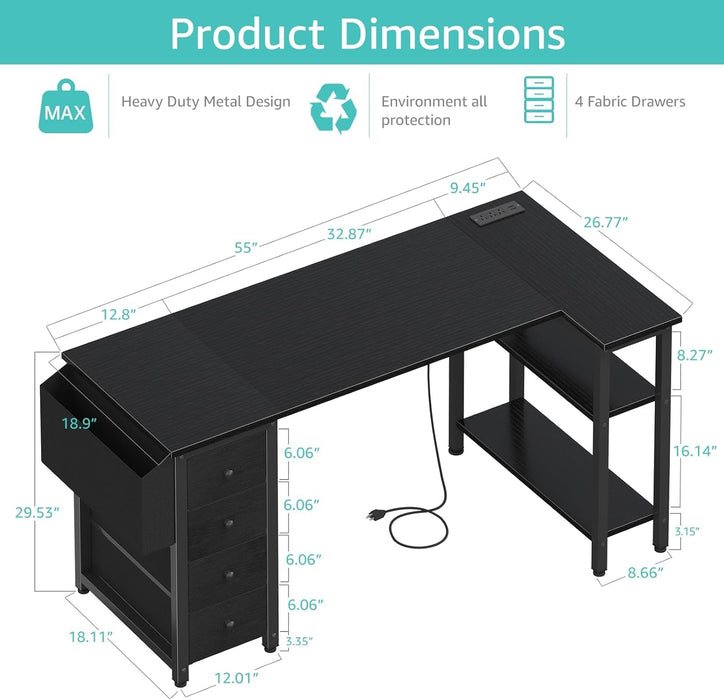 L Shaped Gaming Desk with Drawers & Storage Shelves, 55 Inch Corner Computer Desk with Power Outlet for Home Office Bedroom, L-Shaped Teen PC Desks with Fabric Drawer, Black