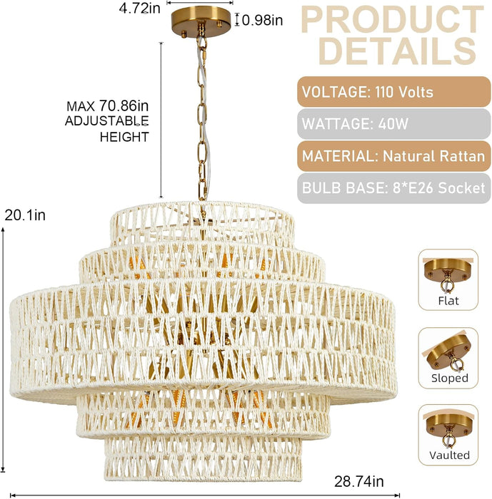 White Chandelier Large Rattan Lights for Living Room 8-Light