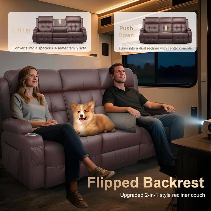 3-Seater Loveseat Recliner Sofa, Home Theater Seating Reclining Couch with Flip Middle Backrest, RV Wall Hugger Sleeper with LED Lights, Massage, Dawer & Cup Holders, 150° Recline for RV & Living Room