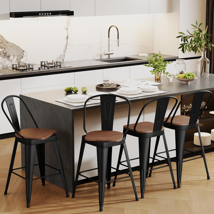 24" Swivel Metal Bar Stools Set of 4, High Back Counter Height Barstools Industrial Dining Bar Chairs with Large Wooden Seat-Matte Black