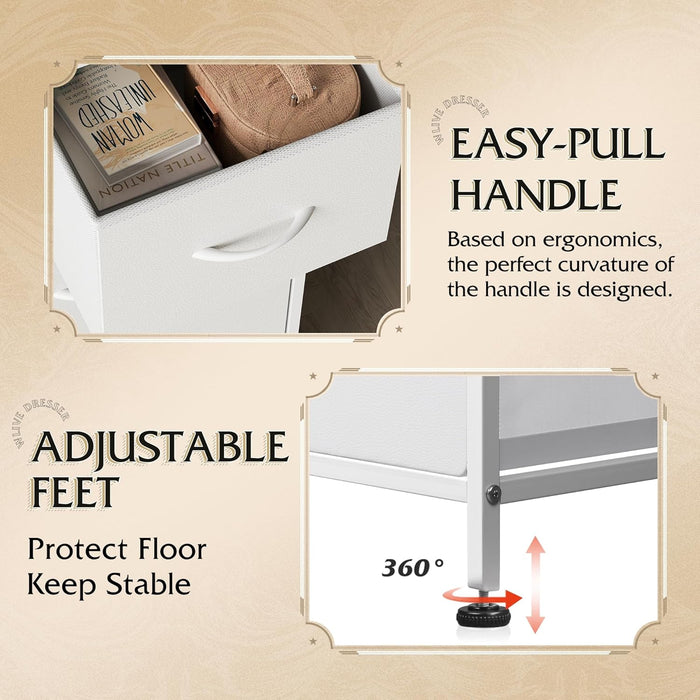 Dresser for Bedroom with 5 Drawers, Wide Chest of Drawers, Fabric Dresser, Storage Organization Unit with Fabric Bins for Closet, Living Room, Hallway, White