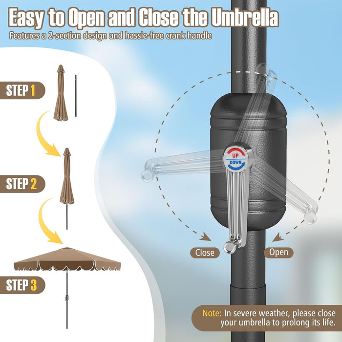 10 FT Patio Umbrella, 2-Tiers Scalloped Outdoor Table Market Umbrella with Tilt Adjustment, Crank, 8 Sturdy Ribs for Pool, Deck, Backyard (Coffee)