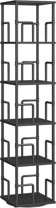 5-Tier Rotating Bookshelf, Freestanding Corner Bookshelf, 360° Spinning Bookcase, Industrial Style Storage Rack with Rails, for Living Room, Bedroom, Study, Black BKBK1601