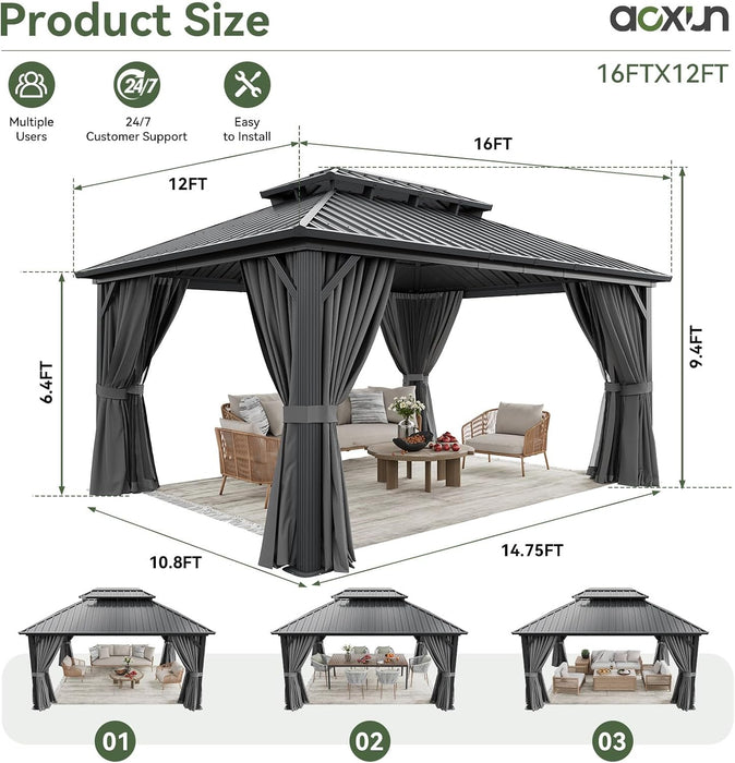 12Ft X 16Ft Hardtop Gazebo, Aluminum Metal Outdoor Gazebo with Breathable Netting and Curtains, Galvanized Steel Double Top, Permanent Patio Pavilion for Backyard, Wedding, Party