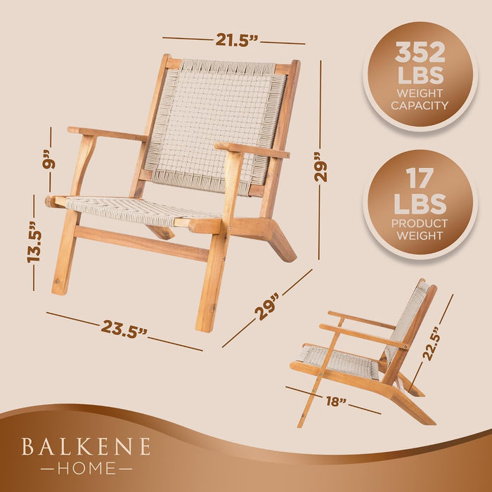 62773 Vega Natural Stain Outdoor Chair Acacia Wood Construction Hand Woven Seat Mid Century Design Comfortable Reclining Armchair Patio Lawn Garden Backyard Deck - Ecru Cording