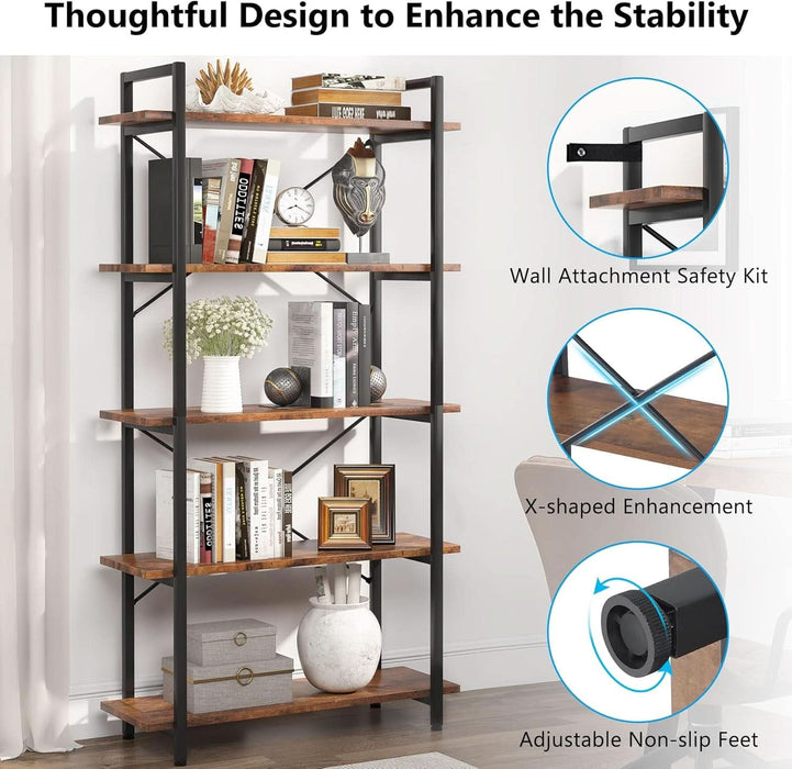 5 Tier Bookshelf, Industrial Etagere Bookcase with Heavy-Duty Metal Frame, Rustic Tall Book Shelf Unit for Living Room, Study, Home Office (1, Rustic)