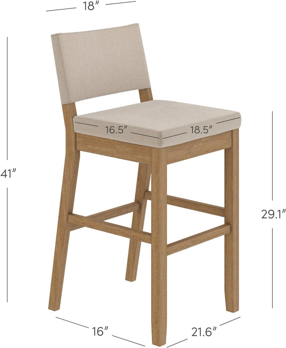 Linus Modern Upholstered Bar Stool with Back and Solid Rubberwood Legs in a Wire-Brushed Light Brown Finish, Natural Flax/Light Brown