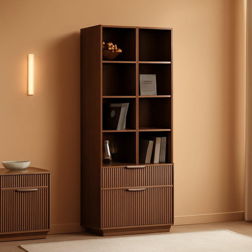 Bookshelf, Bookcase with Doors and 2 Drawers, Fluted Tall Bookshelf with 4-Tier Storage Shelves, 73 Inch Wooden Book Shelf for Home Office, Living Room, Black Walnut