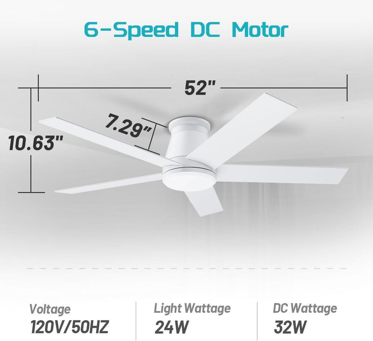 52" Ceiling Fan with Light, White,6 Speeds DC Reversible Motor,Timing, Dimmable for Bedroom, Kitchen, Patios