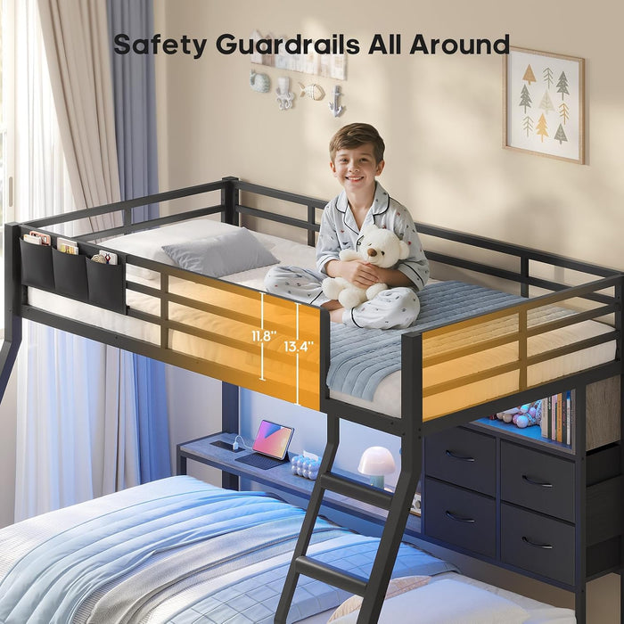 Bunk Bed Twin over Twin with 4 Storage Drawers & Shelves & Bedside Caddy, Twin Bunk Beds with Charging Station & LED Lights, Metal Loft Bed with Safety Guardrail & Angled Ladder, Black & Grey