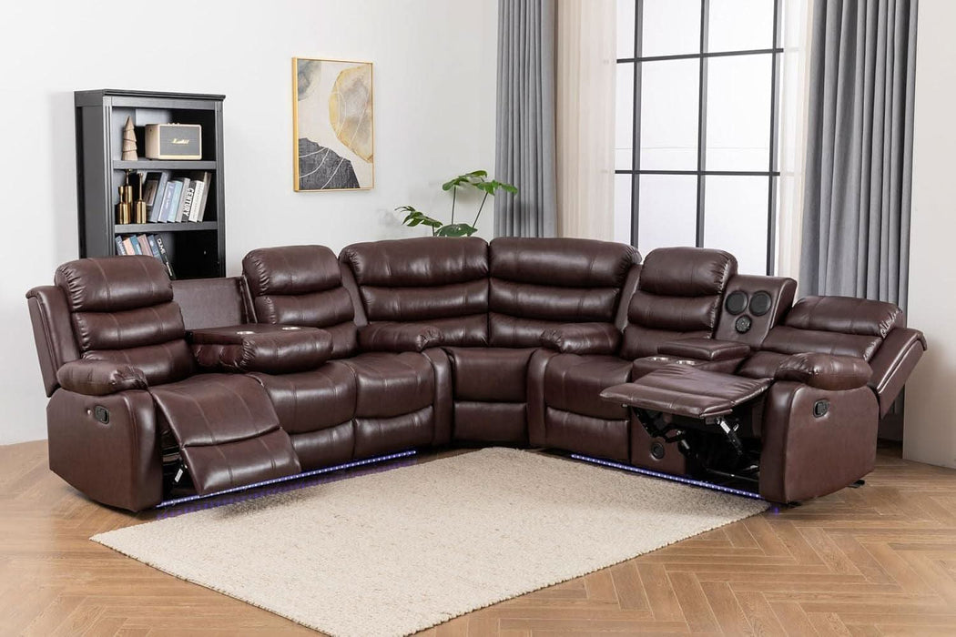 Faux Leather Living Room Set Modern Reclining Sectional Sofa with LED Light, USB Chargers, Sound System, 4Cup Holders, Hidden Storage, Brown
