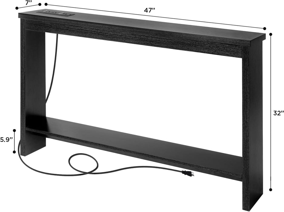 Narrow Sofa Table with Outlet, USB Ports and Charging Station - Skinny Console Table for Living Room and Entryway, Black