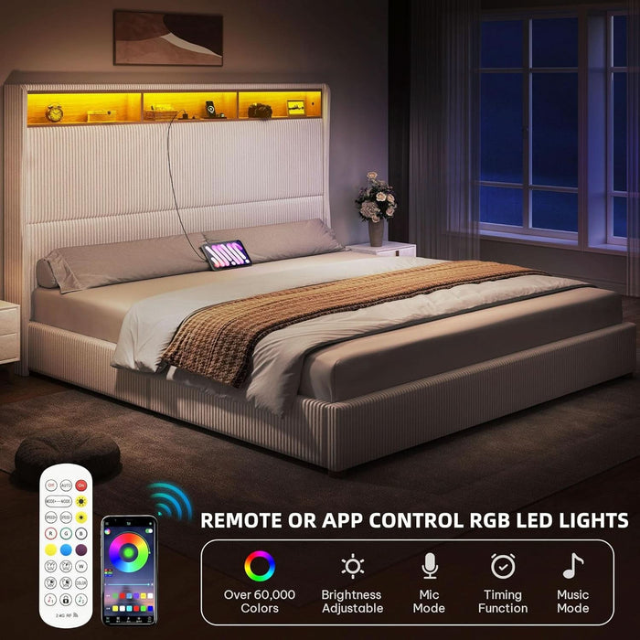 King Size Corduroy Upholstered Platform Bed Frame with Charging Station and RGB LED Lights, 53’’ Tall Storage Wingback Headboard, No Box Spring Needed, Easy Assembly, Noise-Free, White