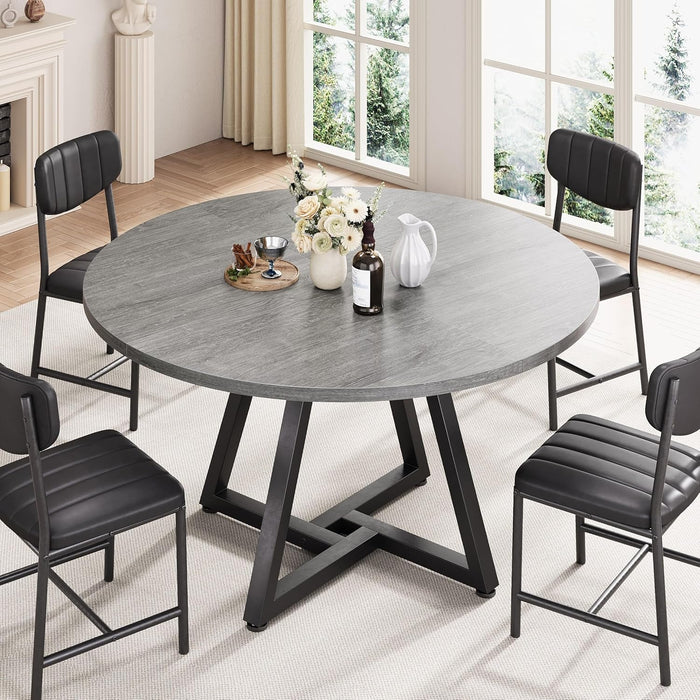 Round Kitchen Dining Room Table Circle Dining Dinner Table with Pedestal Metal Frame, Space Saving Wood Industrial Furniture for Small Space (Grey, 47IN)