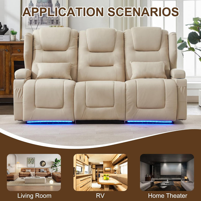 RV Power Loveseat Recliner Sofa, Leathaire Fabric 3-Seater Wall Hugger Reclining Sofa, Home Theater Seating Chair with Cup Holders, 3 Person Couch RV Furniture for Living Room, Beige