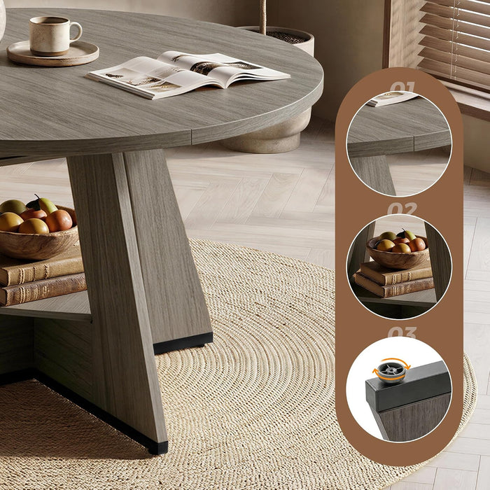 47.24"-63" Extendable round Dining Table for 4-6, Expandable round to Oval Kitchen Dining Table with Hidden Extension Leaf, Storage Shelf, Modern Wood Dining Room Table for Home & Apartment