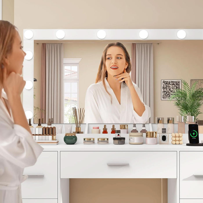 Vanity with Large Mirror and 12 LED Lights, Vanity Desk with 7 Drawers & Hairdryer Holder, Makeup Vanity Desk with Charging Station for Women, Girls, 3 Lighting Color Adjustable, White