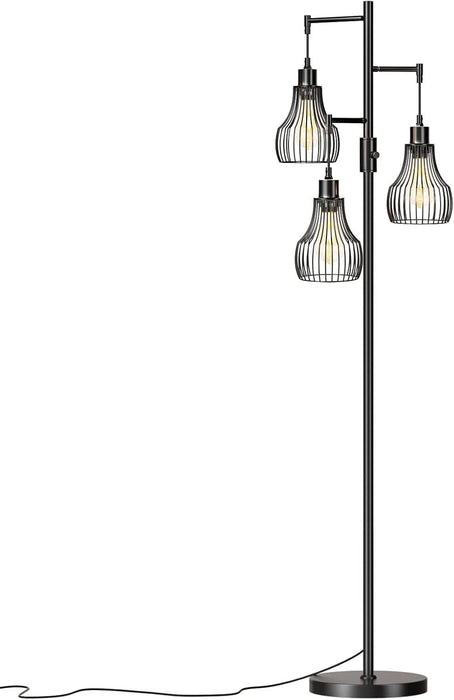 Dimmable Floor Lamp, 3 X 800LM LED Edison Bulbs Included, Farmhouse Industrial Floor Lamp Standing Tree Lamp with Elegant Cage Tall Lamps for Living Room Bedroom Office - Black