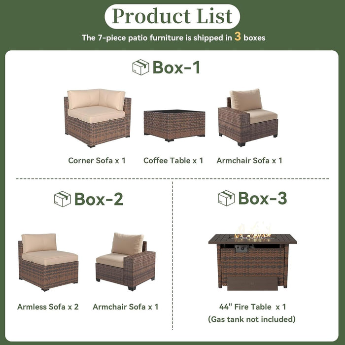 7 Piece Patio Furniture Set with Wide Armrests & 44” Fire Pit Table Wicker Rattan Outdoor Sectional Sofa Set with Coffee Table and Thickened Cushions, Brown/Beige(Waterproof Cover Included)