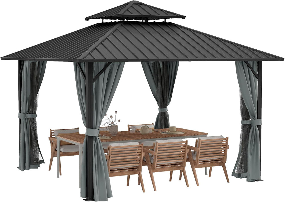 12'X12' Outdoor Hardtop Gazebo, Aluminum Gazebo with Double Galvanized Steel Roof, Curtains and Netting for Patio, Backyard, Deck, Lawn, Easy Assembly (Grey)