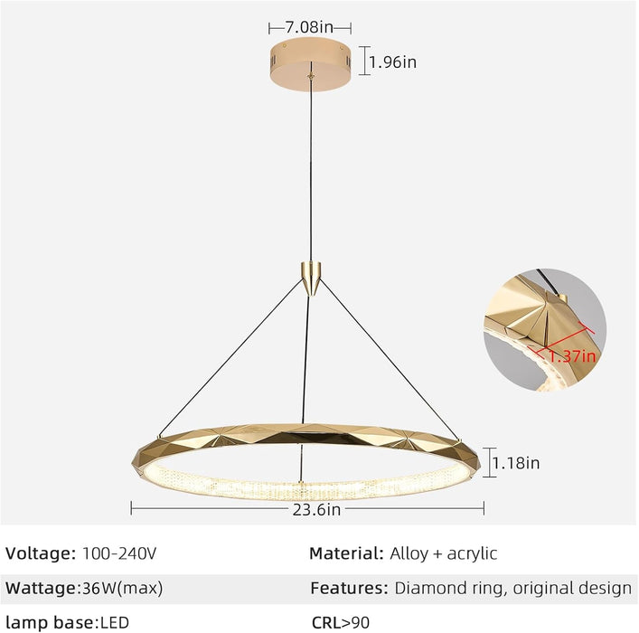 Modern Gold Ring Pendant Light 24Inch Faceted Geometric Chandelier
