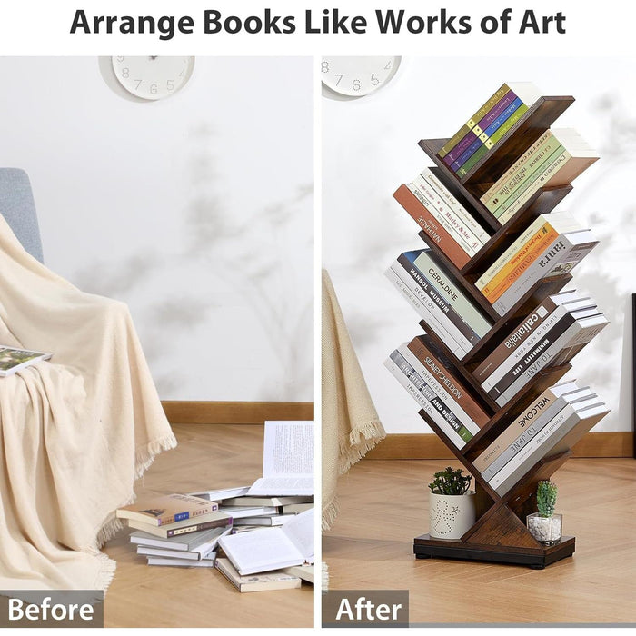 8 Tier Tree Bookshelf,8 Shelf Floor Standing Bookcase Display for Cds/Magazine/Books, Retro Bookshelf for Bedroom, Living Room, Office,Balcony,Book Organizer Storage Shelves